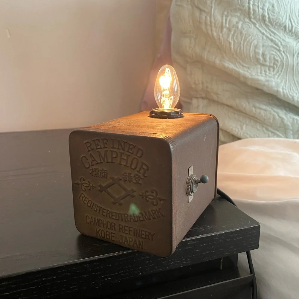 VINTAGE Mini Lamp Refined Camphor Tin Metallic Side Lamp Handmade Brown Lantern